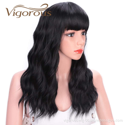 Vigorous Best Selling Wholesale Black Body Wave Middle Long With Neat Bangs Machine Made For Black Women Synthetic Hair Wigs